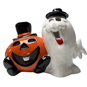 Vtg PR Taiwan Jack O Lantern Pumpkin Ghost Porcelain Figurine Lamp Painted As-Is